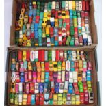 2 trays containing a large quantity of Matchbox 1-75's and Corgi Juniors vehicles in play worn