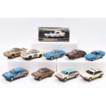 10 various Scalextric slot cars including Ford Escort, Rover 3500, Porsche Turbo, Ford Capri and