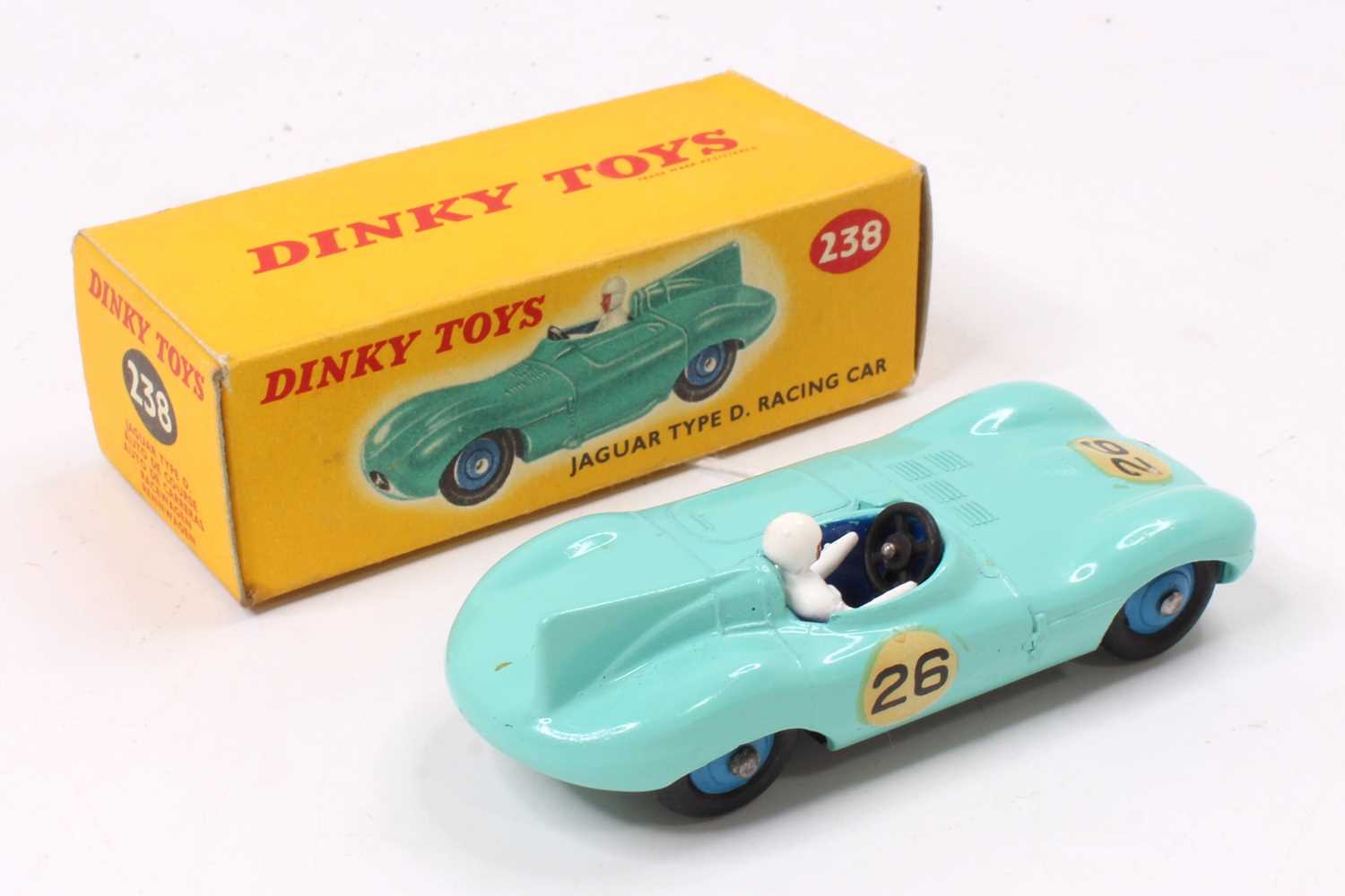 Dinky Toys, 238 Jaguar Type D racing car in turquoise with white driver, blue interior and blue - Image 2 of 2