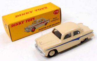 Dinky Toys, 176 Austin A105 saloon, cream body, violet blue panel line with cream hubs, in