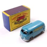 Matchbox Lesney No. 34 VW Panel Van in blue with metal wheels, silver trim, and "Matchbox