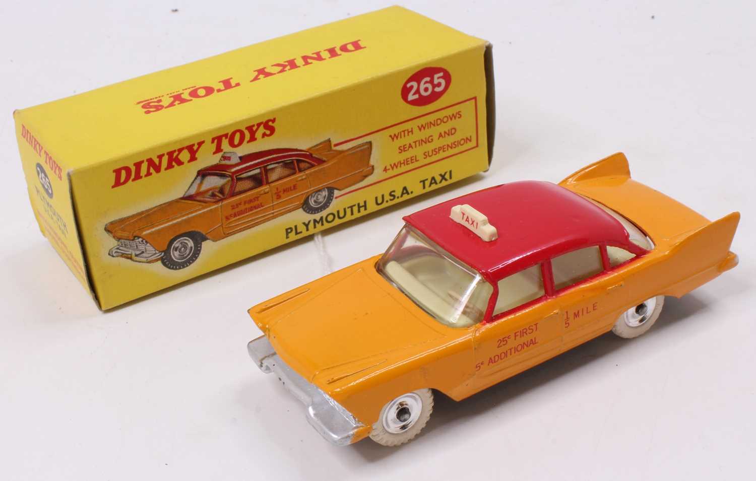 Dinky Toys, 265 Plymouth USA taxi, yellow with red roof and transfers, fair details on the door,