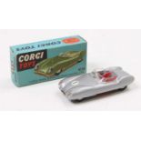 Corgi Toys No. 151 Lotus Mk11 Le Mans race car, comprising a silver body with red interior, spun