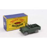 Matchbox Lesney No. 12 Land Rover Series II in military green with grey plastic wheels, some edge
