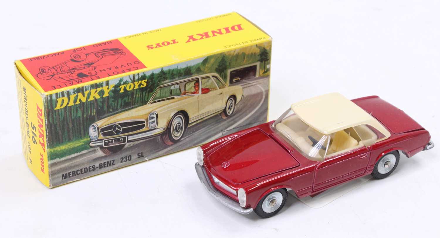 French Dinky Toys, 516 Mercedes Benz 230SL, metallic red body with cream roof, concave hubs, in