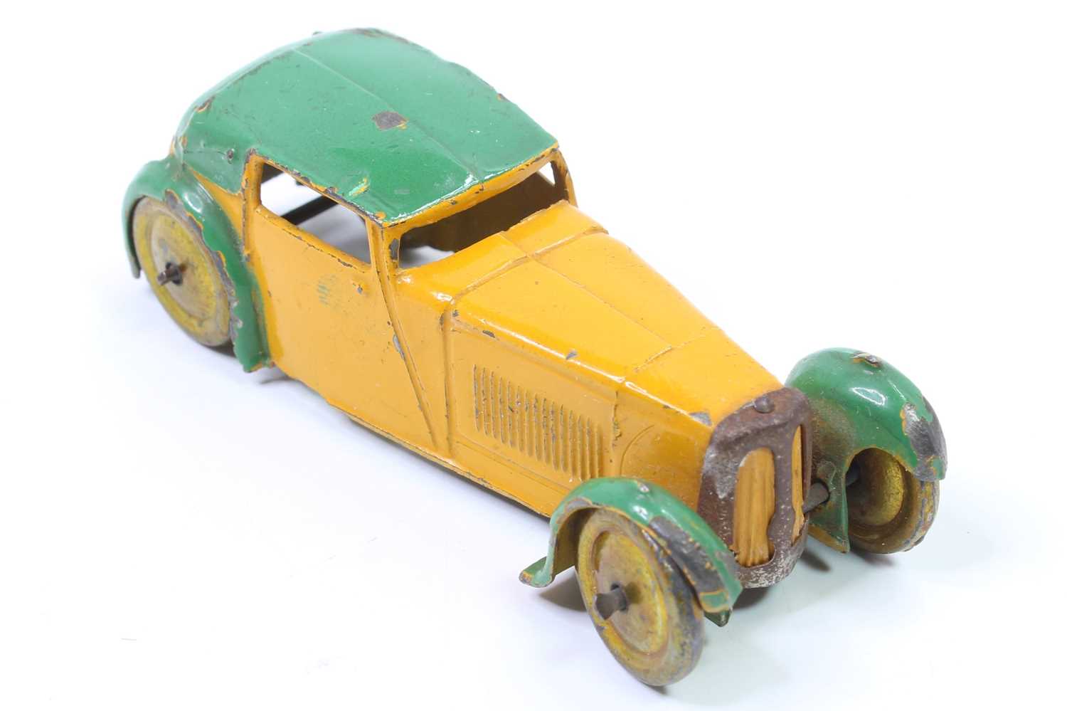 A Dinky Toys pre-war No. 22B closed sports coupe comprising yellow and green body with gold washed - Bild 4 aus 5