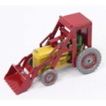 A Benbros Tractor with a front-loading bucket comprising of a yellow tractor with a red cab and