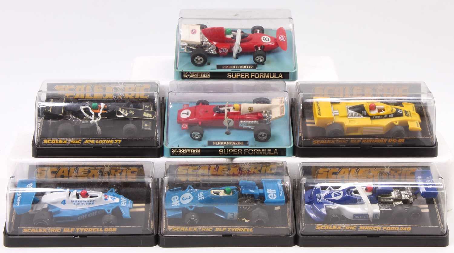 7 various boxed Scalextric Formula 1 slot cars including Nos. C129 March Ford 240, C134 Elf