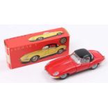 Tekno 927 Jaguar Type E - red body, black hood, grey interior with red steering wheel, in the