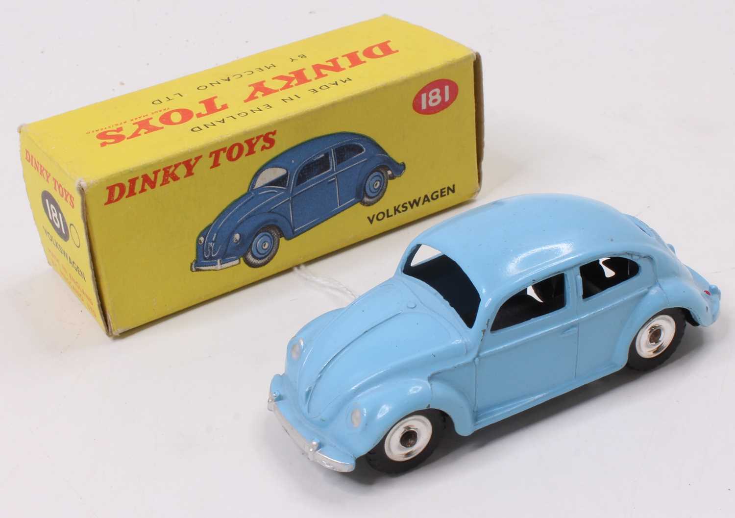 Dinky Toys No. 181 Volkswagen Saloon, light blue body with spun hubs in original card box (NM-BVG)