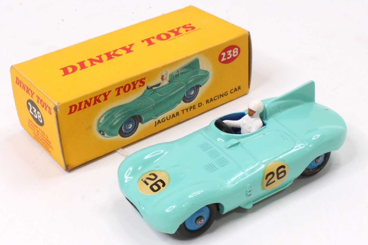 Dinky Toys, 238 Jaguar Type D racing car in turquoise with white driver, blue interior and blue