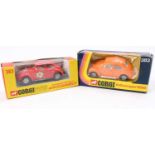 Corgi Toys Whizzwheels No. 383 Volkswagen 1200 Beetle - 2 examples, one in red and green with flower