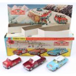 Corgi Toys Gift Set No.38, BMC Mini Cooper 317, red RN52, 322 Rover metallic maroon RN136, 323