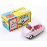 Corgi Toys No. 233 Heinkel Trojan economy car, pink body with red interior, flat spun hubs, in the