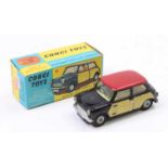 Corgi Toys No. 249 Mini Cooper Deluxe with wickerwork sides, comprising of a black body,