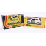 2 boxed Corgi Toys Whizzwheels models comprising No. 282 Mini Cooper in white and black, with a