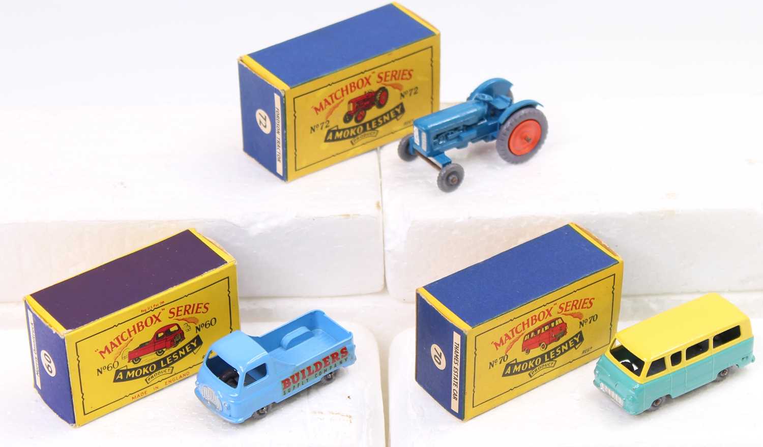 Matchbox Lesney boxed group of 3 to include No. 60 Morris J2 Pick-Up, No. 70 Ford Thames Estate