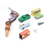 Collection of mixed tinplate and wooden toys to include Triang Minic Green Pick Up Truck, Minic