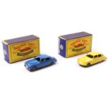 2 Matchbox Lesney cars comprising of No. 65 Jaguar 3.4 Litre in blue with grey plastic wheels and