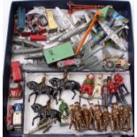 A tray containing a selection of Britains hollow-cast lead figures together with some Dinky Toys