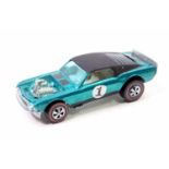 Mattel Hot Wheels "Redlines" era Mustang Boss Hoss in aqua with a white interior, black stripes, a