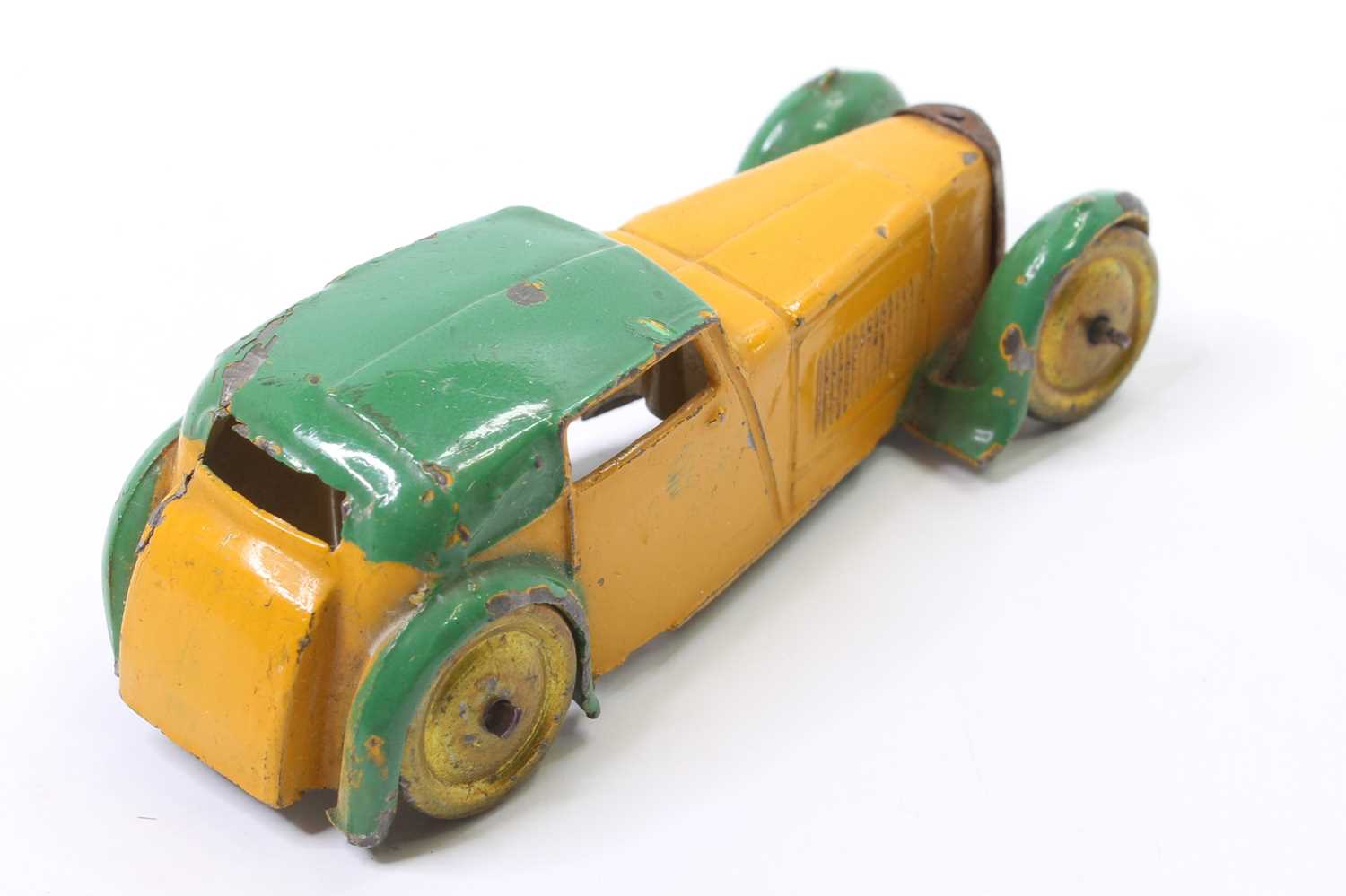 A Dinky Toys pre-war No. 22B closed sports coupe comprising yellow and green body with gold washed - Bild 3 aus 5