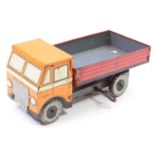 Camtoy tinplate and clockwork tipper truck, comprising of fixed key mechanism, with orange, red