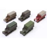 Dinky Toys No. 151B 6 Wheeled Army Wagon group of 5 in various colours with tinplate tilts (G-VG)