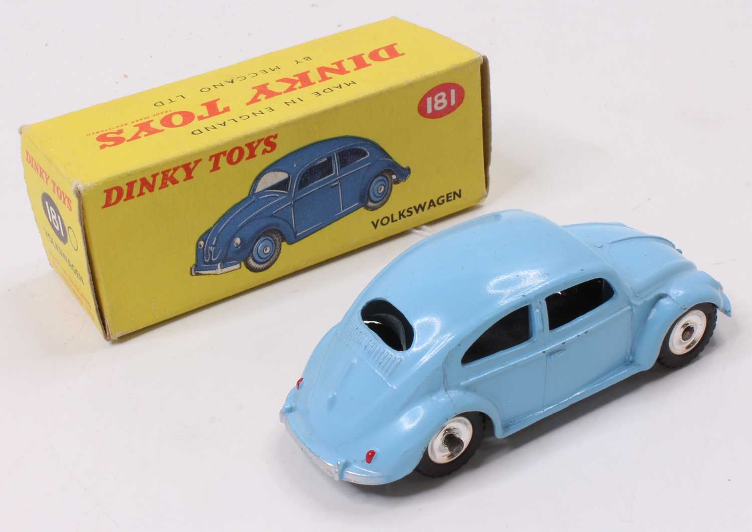 Dinky Toys No. 181 Volkswagen Saloon, light blue body with spun hubs in original card box (NM-BVG) - Image 2 of 2