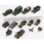 One tray containing Dinky Toys military vehicles to include, No. 151B 6 Wheeled Army Wagon, No. 151C