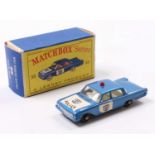 Matchbox Lesney No. 55 Ford Fairlane Police Car with a metallic blue body, black plastic wheels