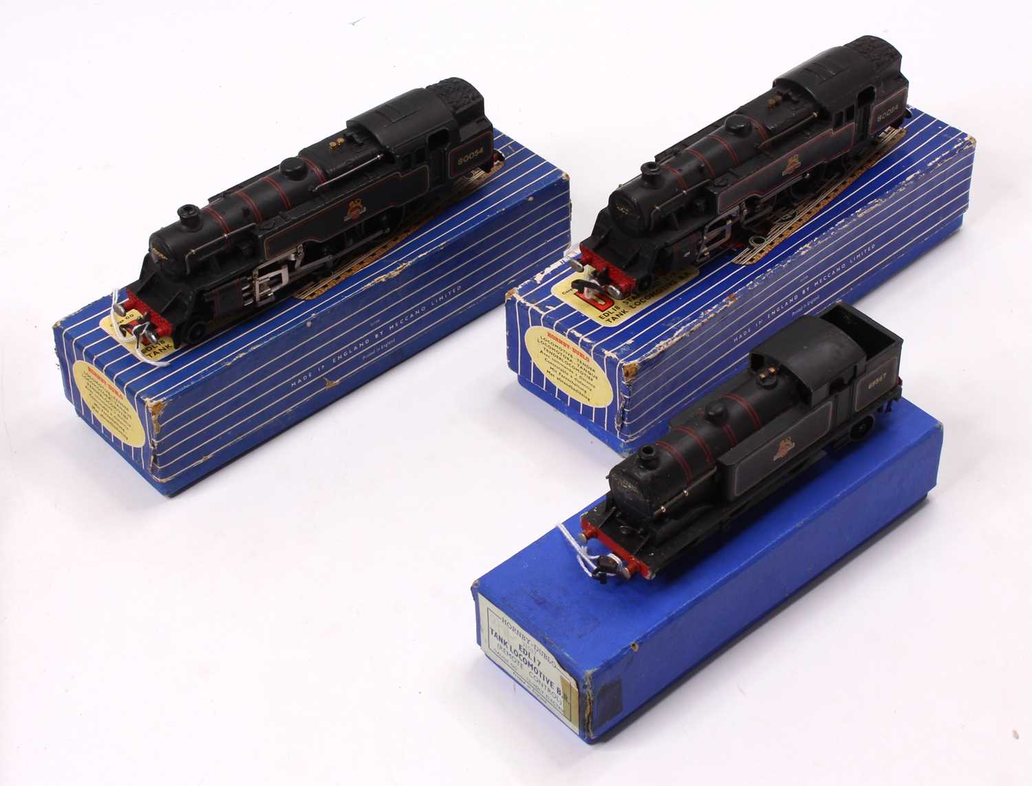 Three Hornby-Dublo 3-rail tank locos: EDL17, 0-6-2 tank BR black 69567, small areas of corrosion