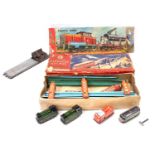 Three tinplate automatic railway toys: Chad Valley Overhead Railway set, appears complete (E- BP);