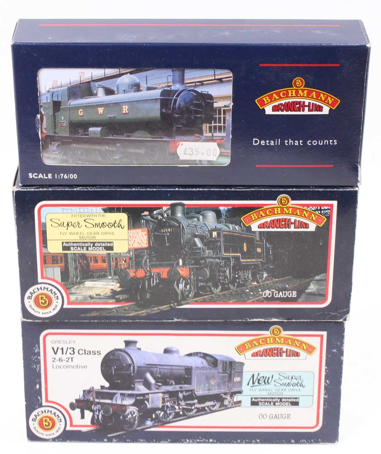 A Bachmann boxed 00 gauge locomotive group, three examples to include a No. 31-452 Ivatt Class 2-6-2