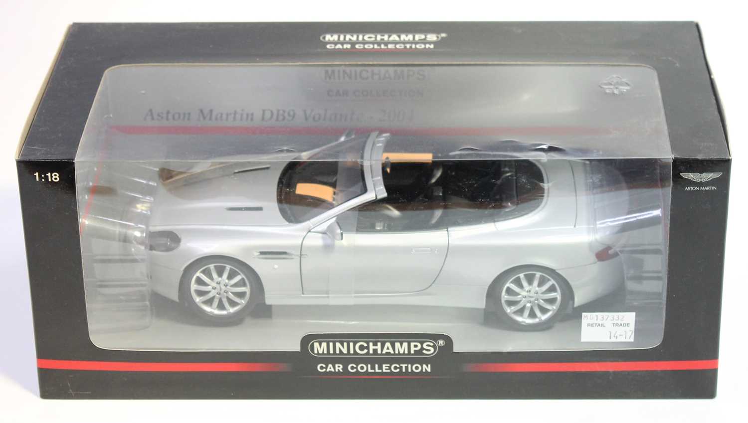 Minichamps No.150137332 1/18th scale diecast model of a Aston Martin DB9 Volante 2004 car,