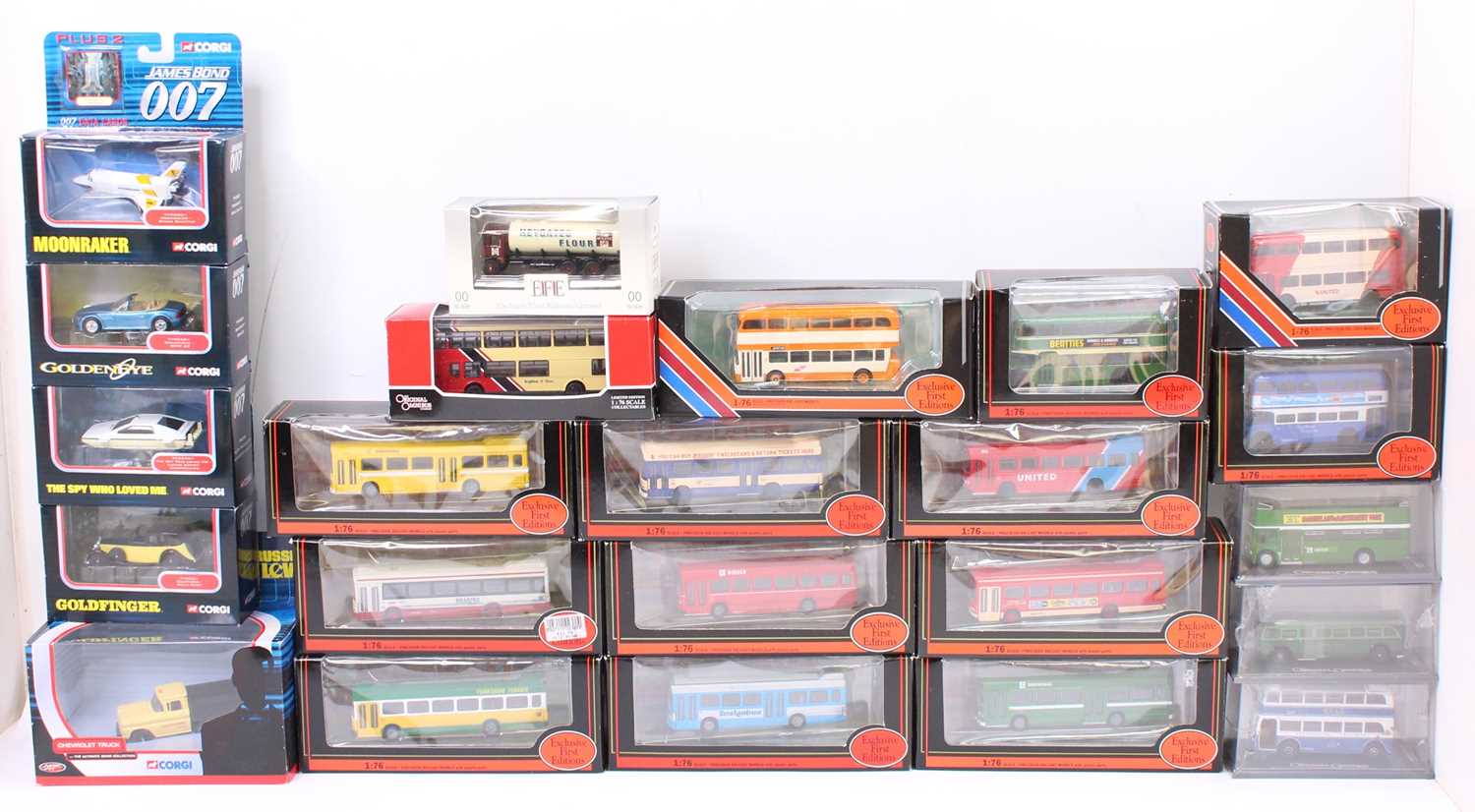 A box containing 13 EFE 1/76 scale model buses together with Corgi Original Omnibus Company models