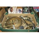 Two boxes of miscellaneous items, to include a pair of turned brass candlesticks, horsebrasses,