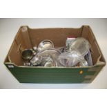 A box of miscellaneous silver plated wares, to include flatware, candlesticks etc