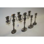 A pair of Adam style silver plated three-branch table candelabra, h.28cm; together with a matching