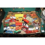 Three boxes of loose and playworn diecast toy vehicles to include Dinky Toys Cunningham CSR, Dinky