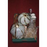 Two boxes of miscellaneous items to include table lamp, barometer, decanter and stopper, carnival