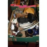 Two boxes of miscellaneous items, to include a mother of pearl reticulated model of a fish, pair