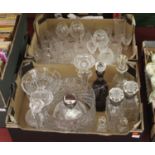 A box of miscellaneous glassware to include a ruby overlaid and etched glass liqueur decanter and