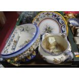 Two boxes of miscellaneous items to include a continental faience glazed pottery basin of semi-