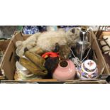 A box of miscellaneous items to include a hammered pewter table lamp, a Victoria C&E bone china