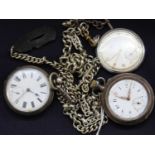 A gent's silver cased open face keywind pocket watch (dial a/f), on a nickel watch chain; together