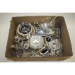 A box of silver plated wares, to include sauceboat, sisters, salts, mustard etc