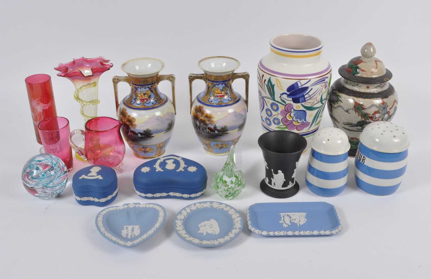 A box of glass and ceramics, to include a Poole pottery vase, a Chinese Nanking temple jar, and