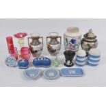 A box of glass and ceramics, to include a Poole pottery vase, a Chinese Nanking temple jar, and