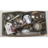 A box of silver and other items, to include pocket watch, table salt, whistle, button hook etc